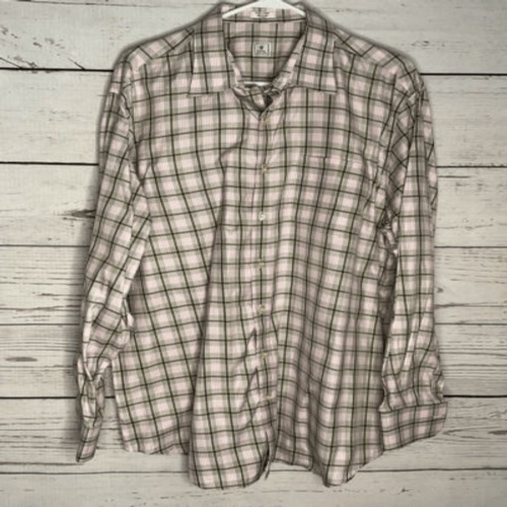 Peter Millar Pink/Gray Plaid Long Sleev Button Up Shirt Men XL China 100% Cotton